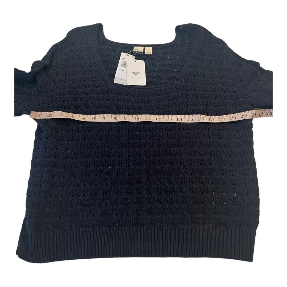 ROXY Pointelle Navy Birdy Day Square Neck Dropped Balloon Sleeve Navy Sweater - Picture 7 of 12
